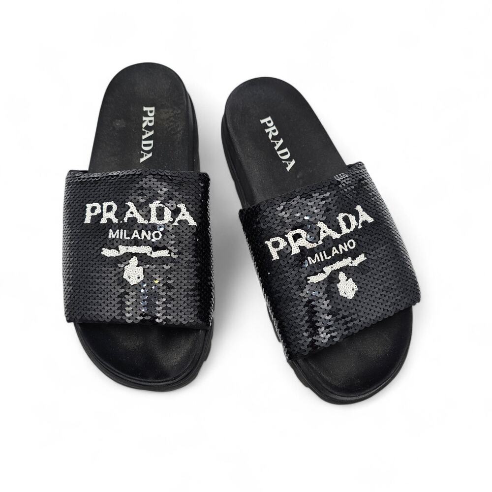 Prada Logo Flat Slide Pool Sandal Black White Sequin Slip On Size 38 US 8